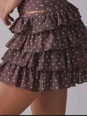 NWT Urban Outfitters Polka Dot Tiered Ruffle Mini Skort - Brown Sz XL